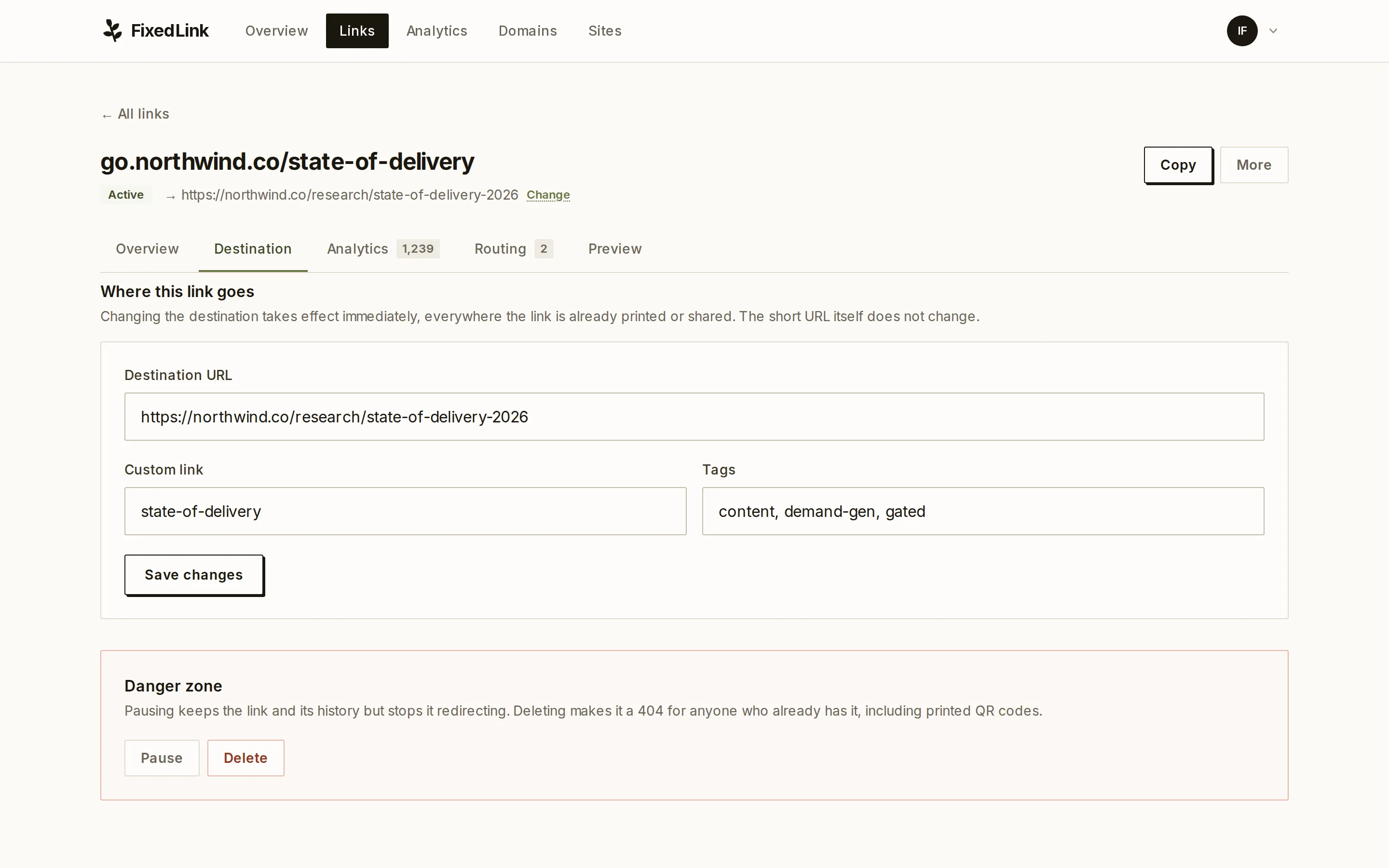The row a live link sends every unmatched visitor to, with its destination field and save button
