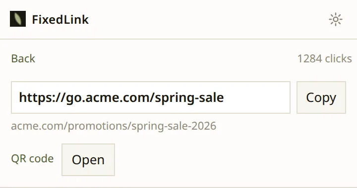 The popup after shortening, showing the new short URL with a copy button and a QR code button.