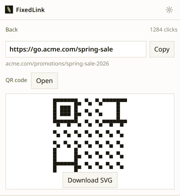 The popup with the QR panel open, showing the code and a button to download it as an SVG.