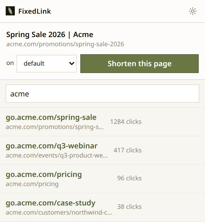 The popup listing recent short links on go.acme.com with their click counts, filtered by a search box.