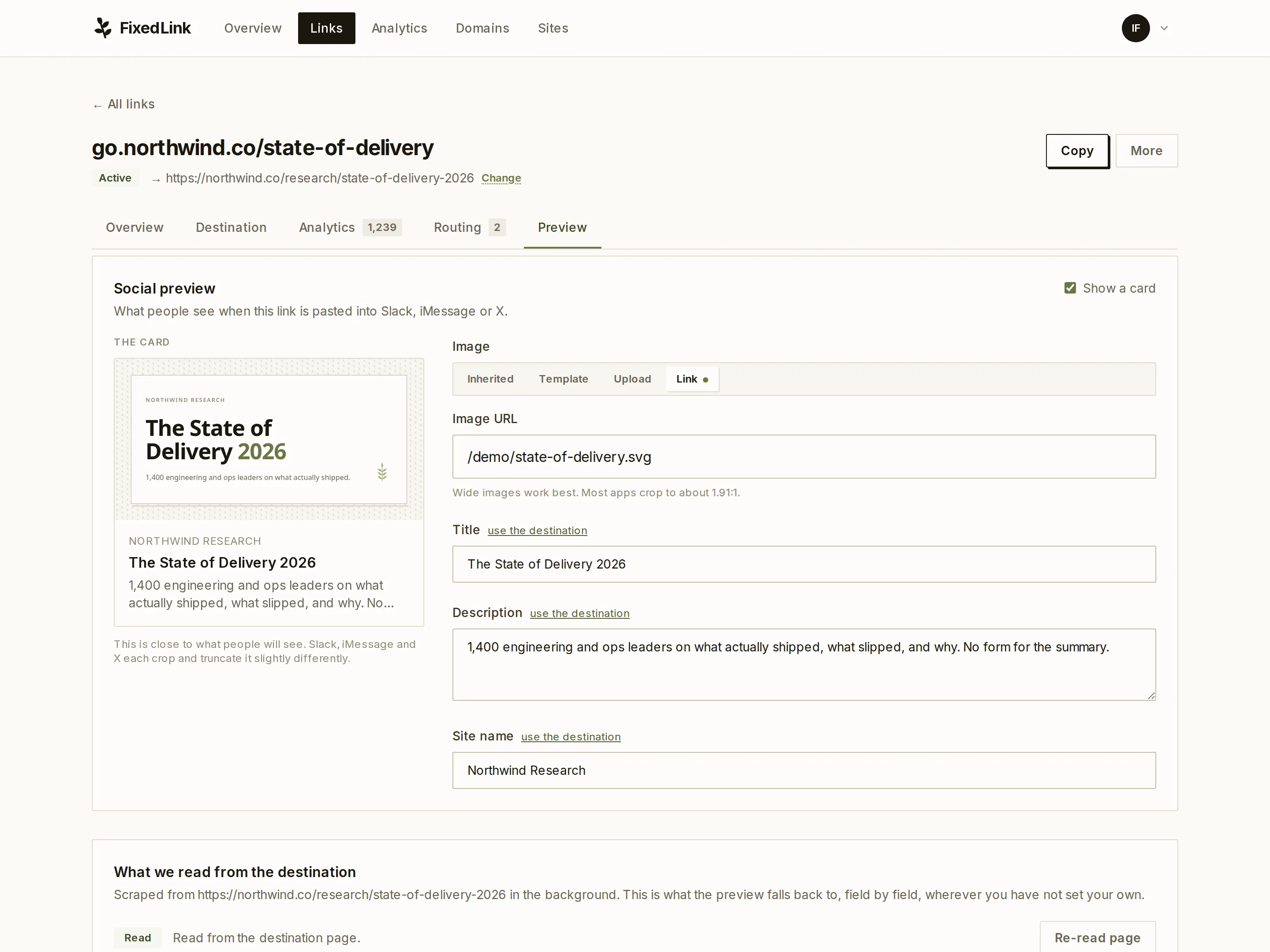 The preview editor, with a button that drafts card copy with AI